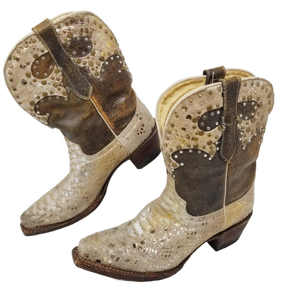 Ferrini Distressed Studded Cowboy Women’s Leather Boots Sz 6.5 Boho Festival - Picture 1 of 16